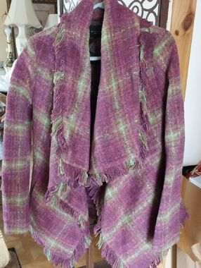Women’s Open-Front Fringe Cardigan Jacket in Purple & Light Green
